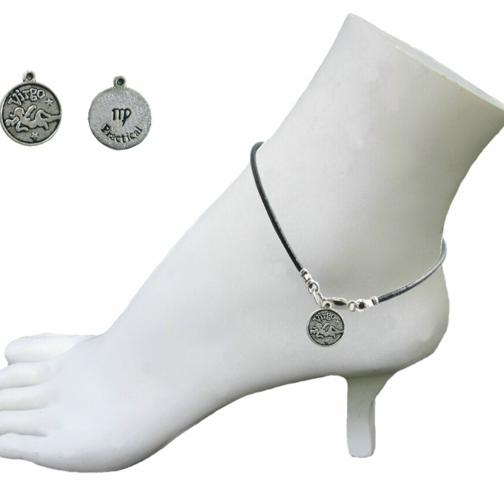 Black Leather Anklet ~ Virgo Zodiac Charm
